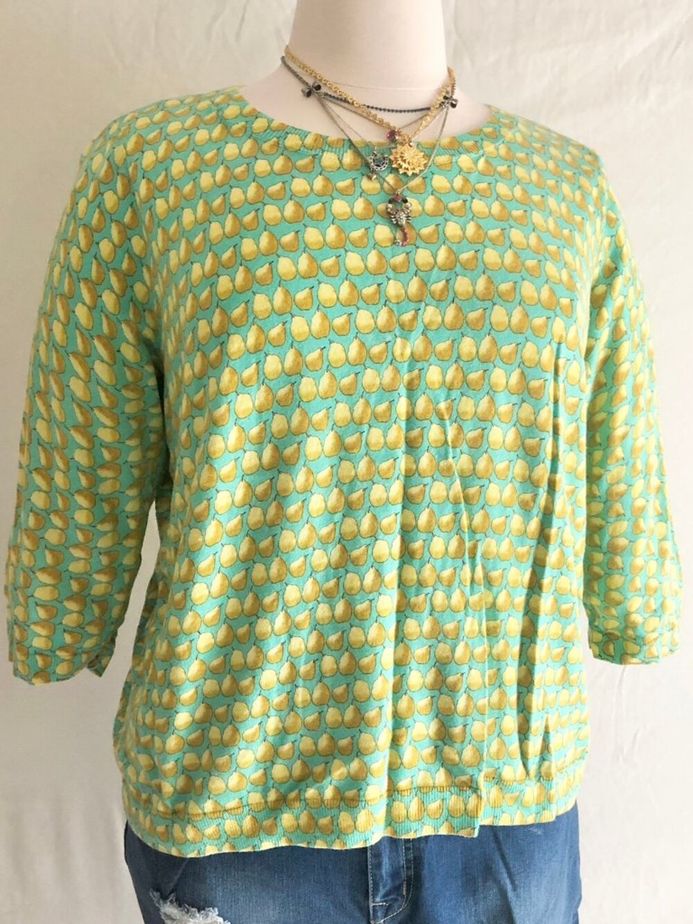 Talbots Pear Pattern Knit Top Aqua Yellow Petite 3X